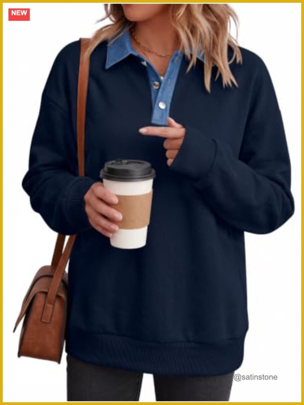 ANRABESS Womens Button Up Denim Collared Fleece Lined Sweatshirt Pullover Top